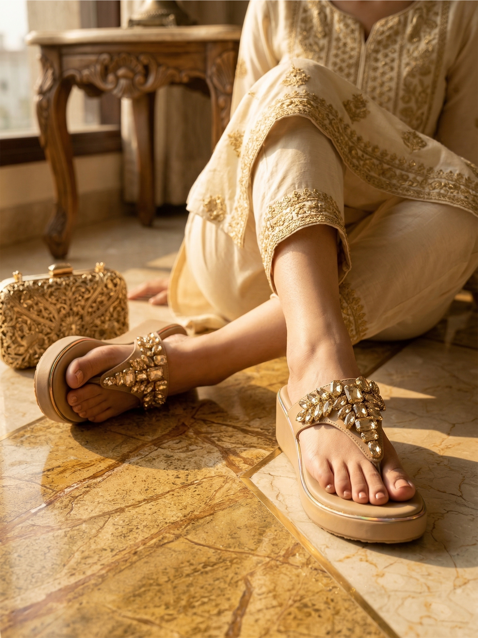 Beige Royal Spark Embellished Wedges for Women Lifestyle Shot Ravis Footwear