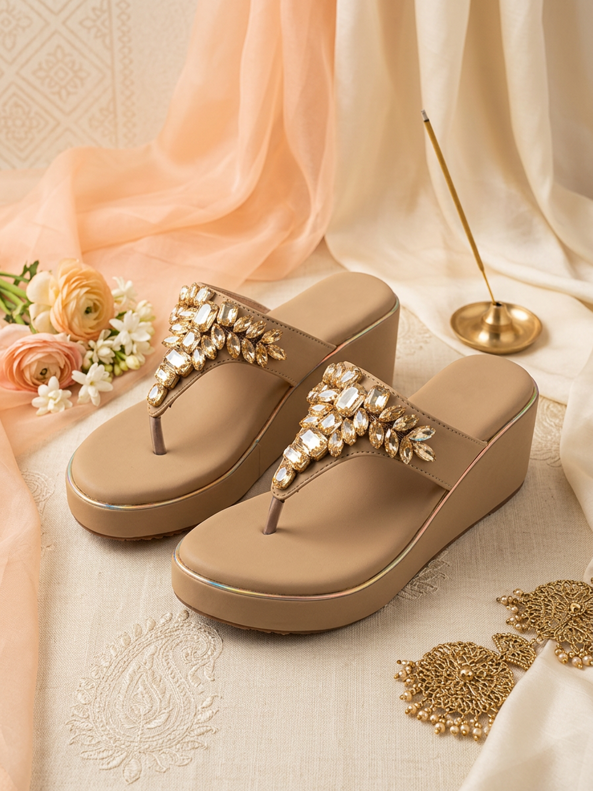 Beige Royal Spark Embellished Wedges for Women Top Angle Ravis Footwear