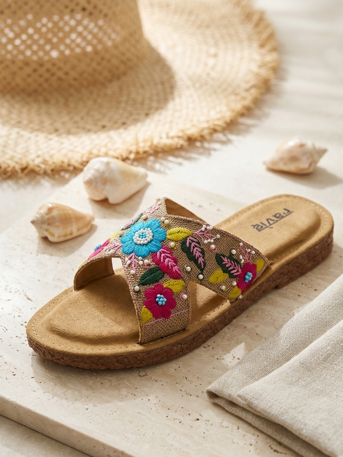 Brown H Embroidery Slipper for Women Close Up Detail Ravis Footwear