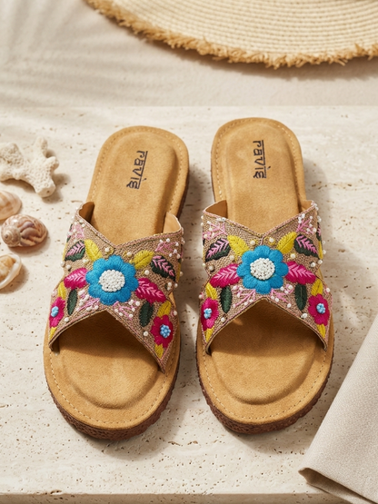 Brown H Embroidery Slipper for Women Top Angle Ravis Footwear
