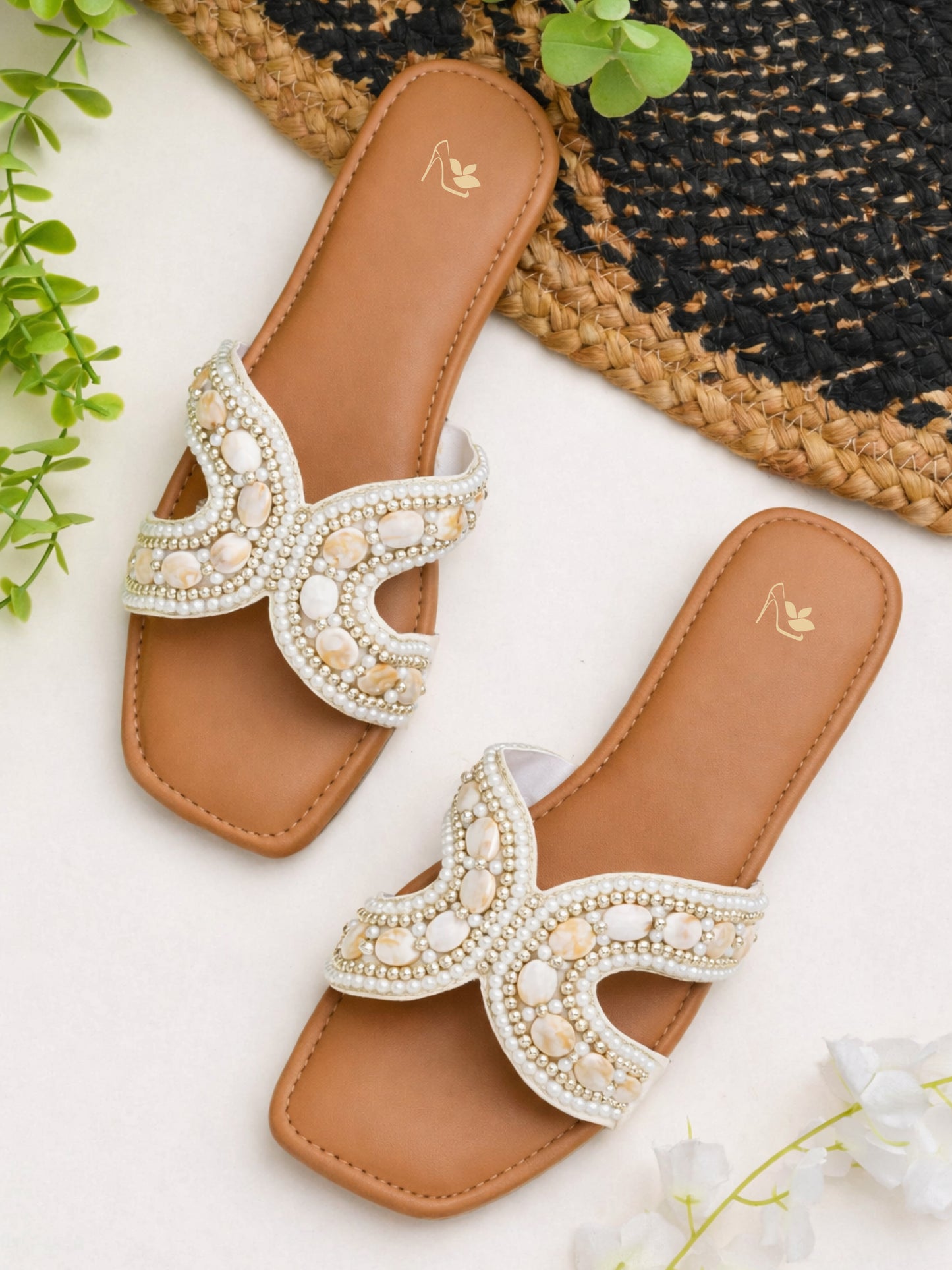 Ravis Footwear RAVIS Sheshell Cream Embellished Flat Slippers in Cream clean product 3/4 angle image