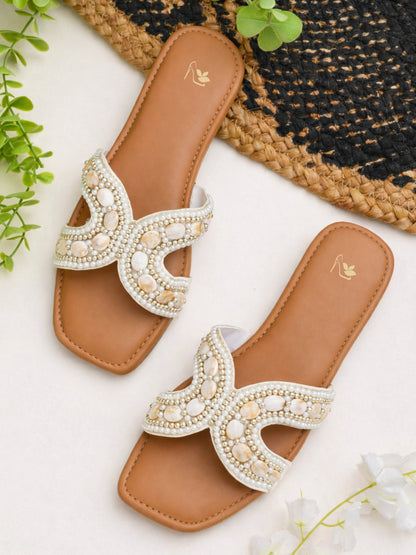 Ravis Footwear RAVIS Sheshell Cream Embellished Flat Slippers in Cream clean product 3/4 angle image
