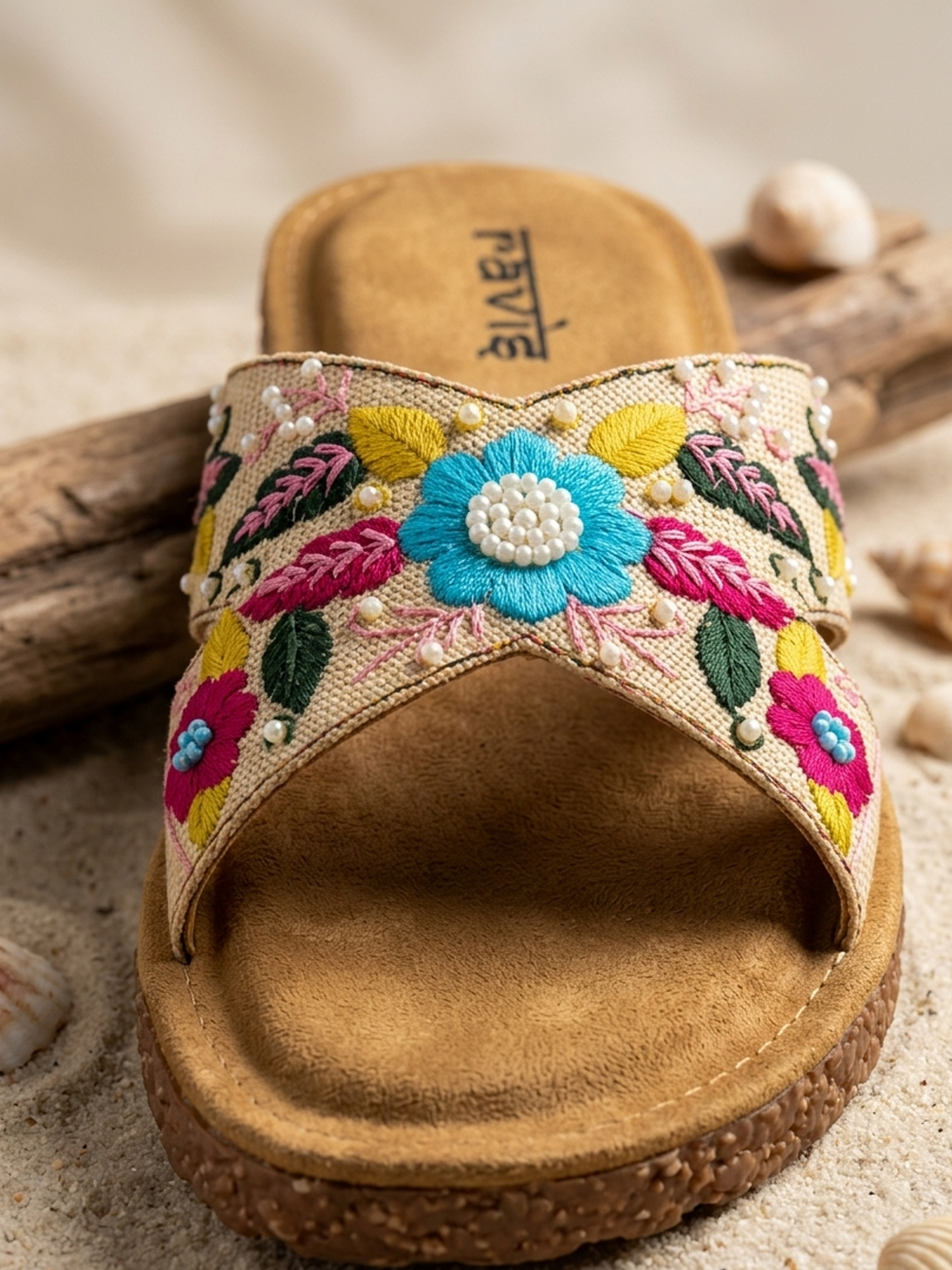 Cream H Embroidery Slipper for Women Close Up Detail Ravis Footwear