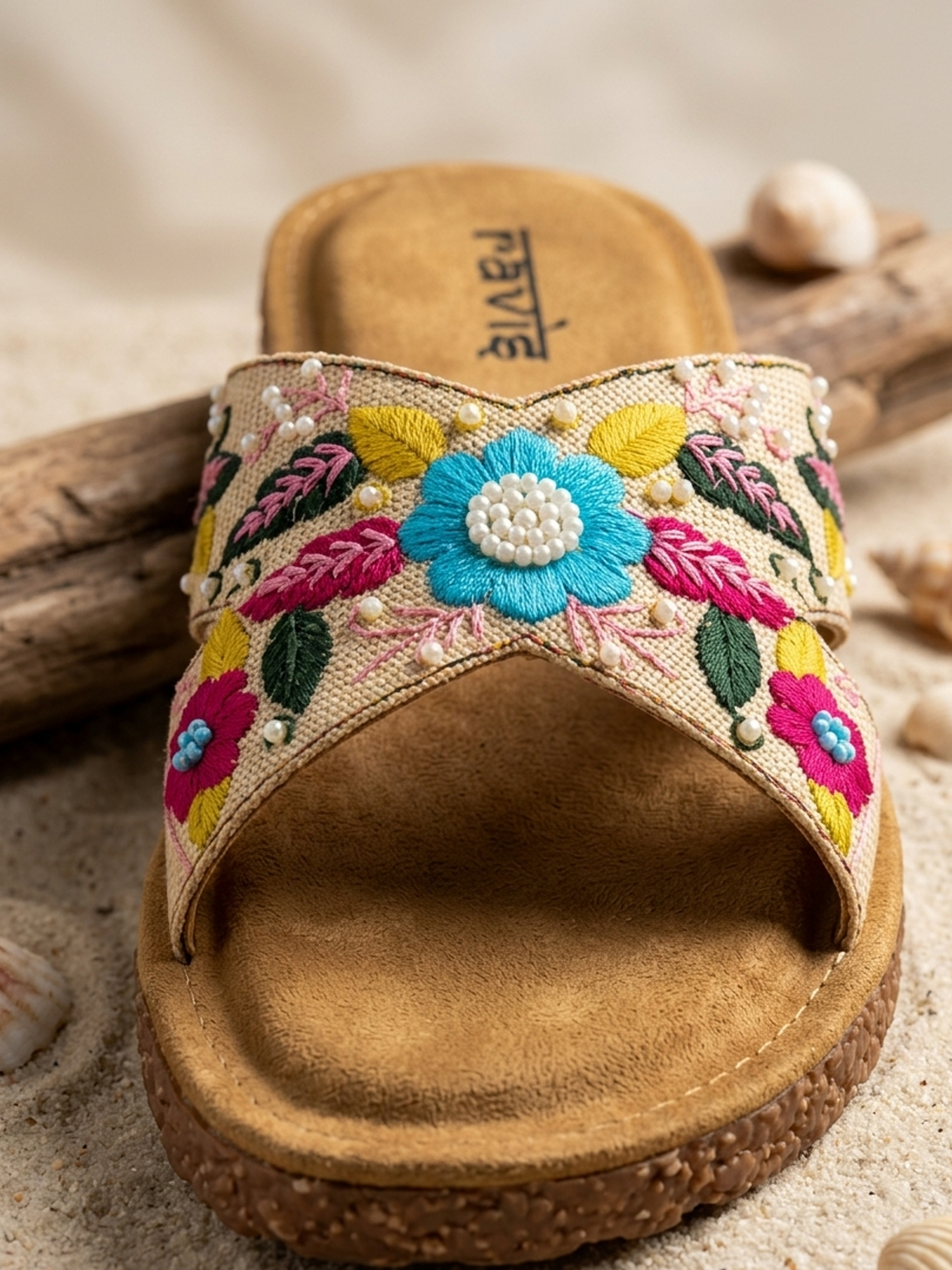 Cream H Embroidery Slipper for Women Close Up Detail Ravis Footwear
