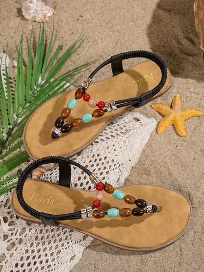 Beige | Boho Bead Toe-Ring Flats