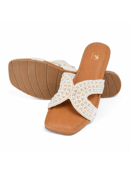 Silver RAVIS Sheshell Silver Pearl Embellished Slipper for women - product view 4