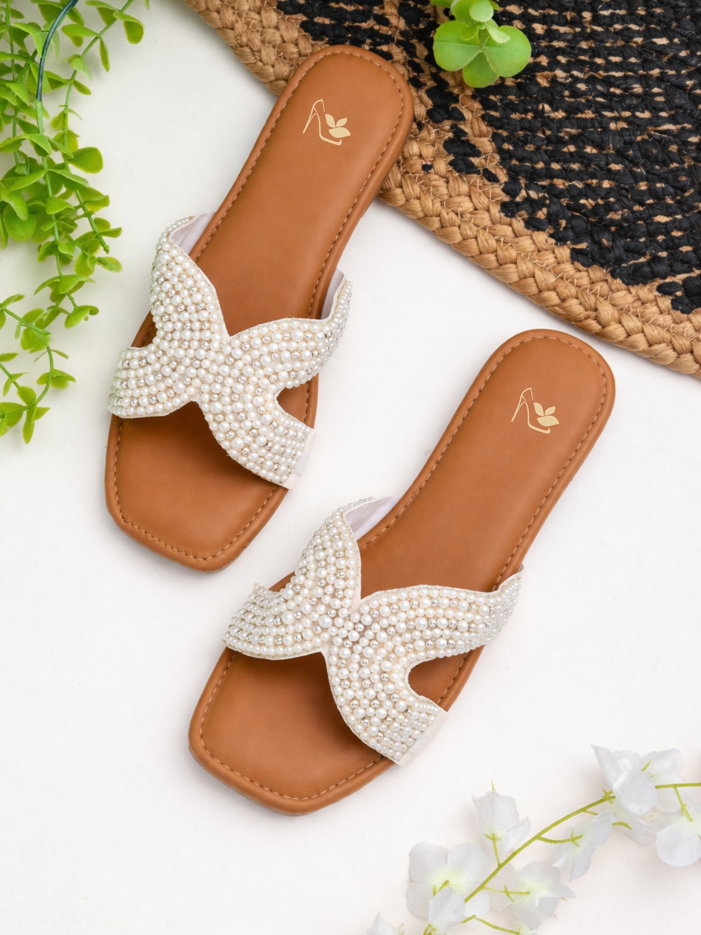 Silver RAVIS Sheshell Silver Pearl Embellished Slipper for women - product view 3