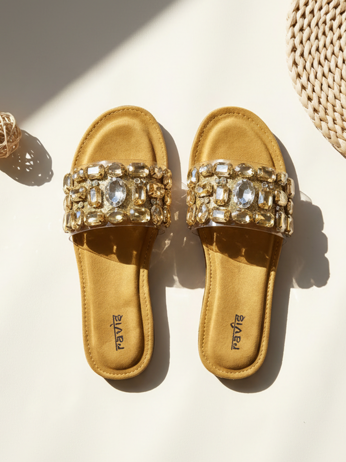 Gold Transparent Strap Flats for Women Top Angle Ravis Footwear