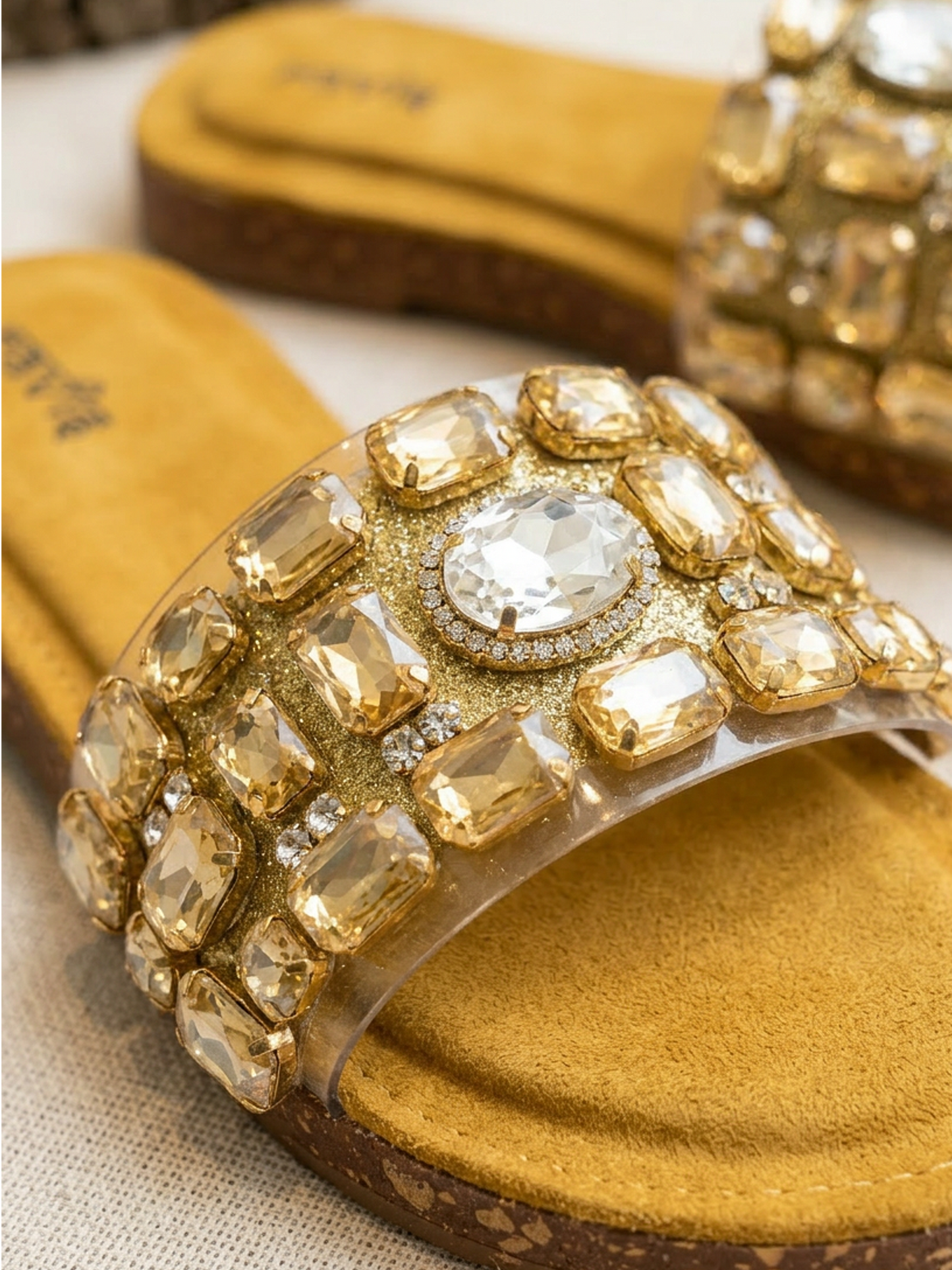 Gold Transparent Strap Flats for Women Close Up Detail Ravis Footwear