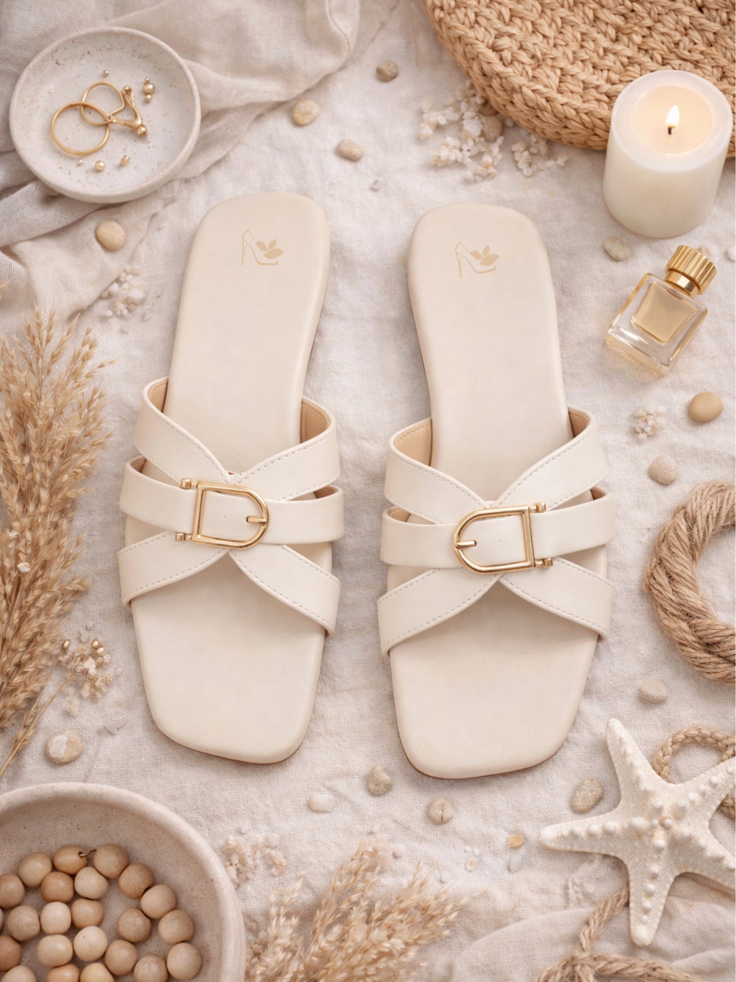 Cream | Ravis Women Studded Cross Strap Slipper