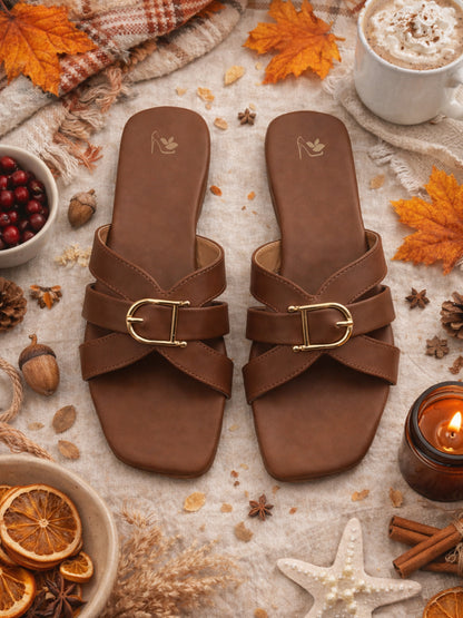 Brown | Ravis Women Studded Cross Strap Slipper