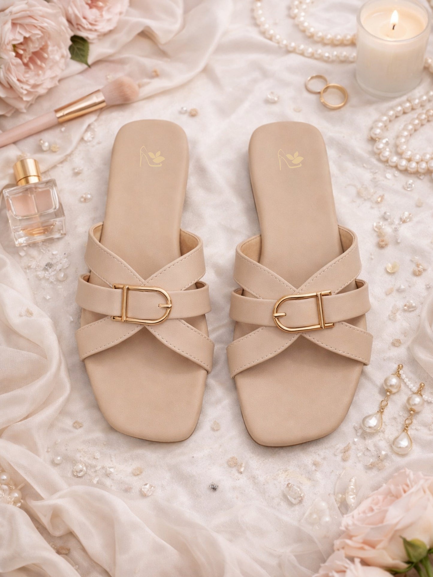 Beige | Ravis Women Studded Cross Strap Slipper