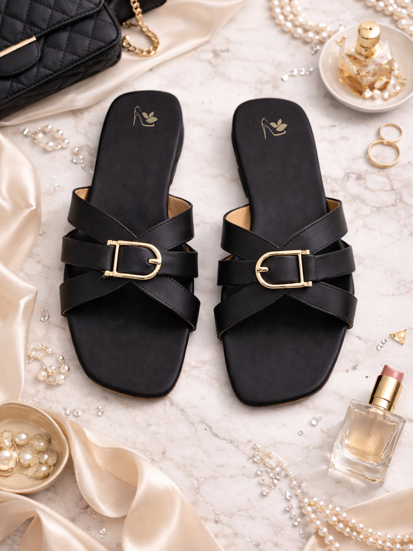 Black | Ravis Women Studded Cross Strap Slipper