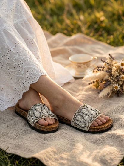 women wearing beaded ethnic sliders casual flat slippers boho style comfortable daily wear India