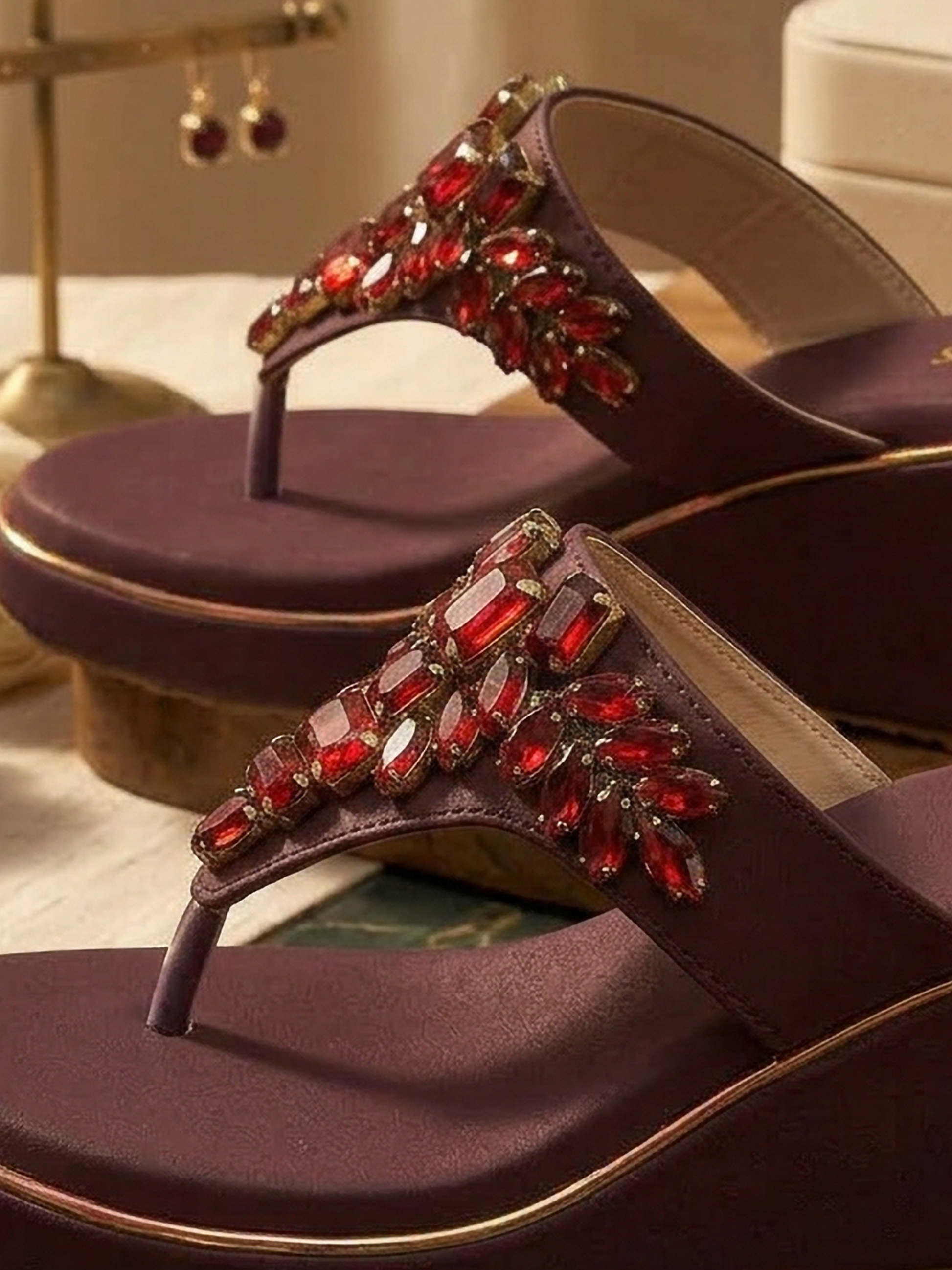 Mehroon Royal Spark Embellished Wedges for Women Close Up Detail Ravis Footwear