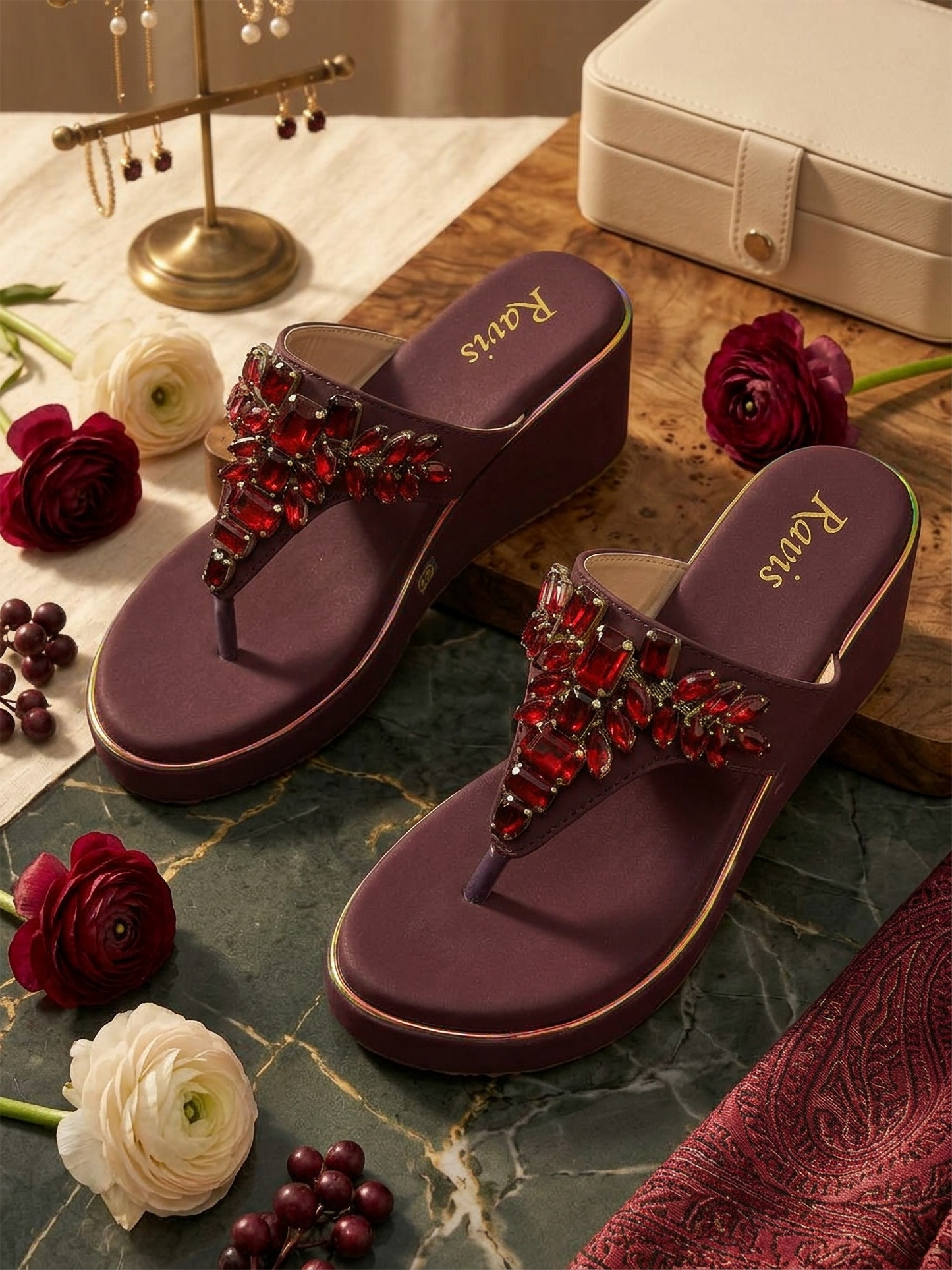 Mehroon Royal Spark Embellished Wedges for Women Top Angle Ravis Footwear