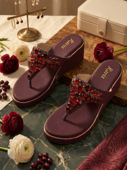 Mehroon Royal Spark Embellished Wedges for Women Top Angle Ravis Footwear