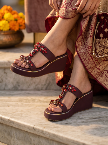 maroon embellished wedge sandals women wedding party heels designer platform slippers
