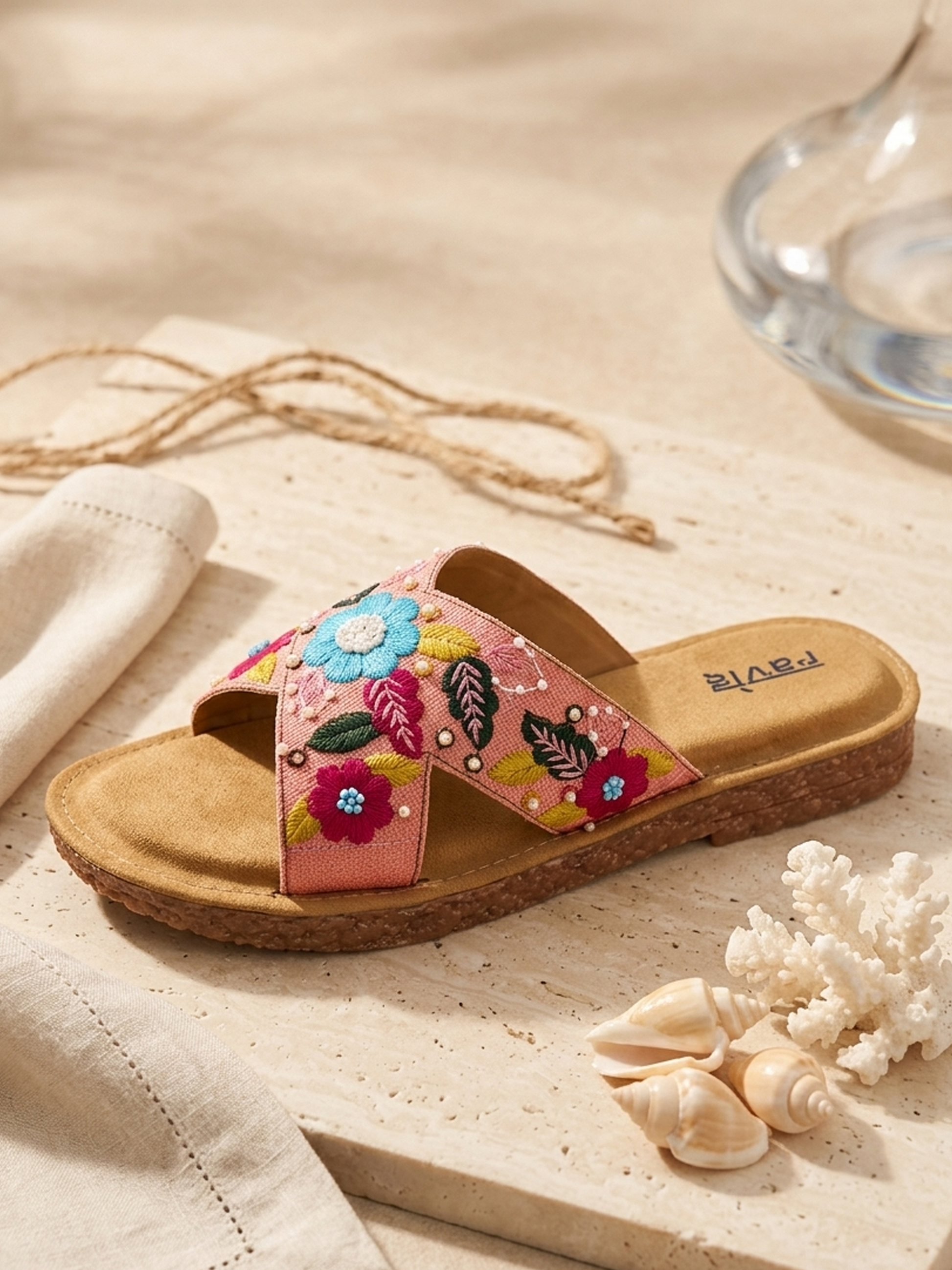 Peach H Embroidery Slipper for Women Close Up Detail Ravis Footwear