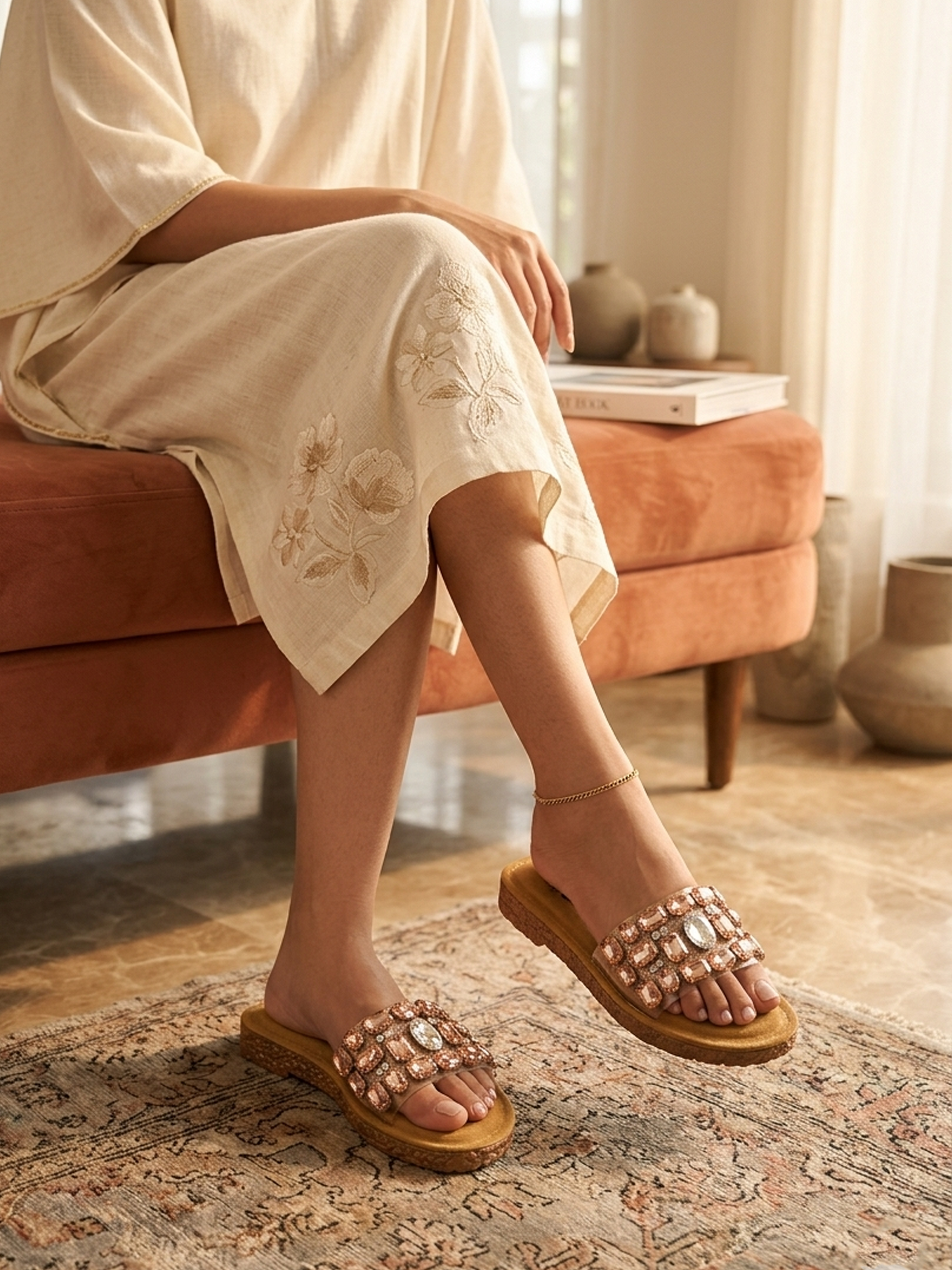 Peach Transparent Strap Flats for Women Lifestyle Shot Ravis Footwear