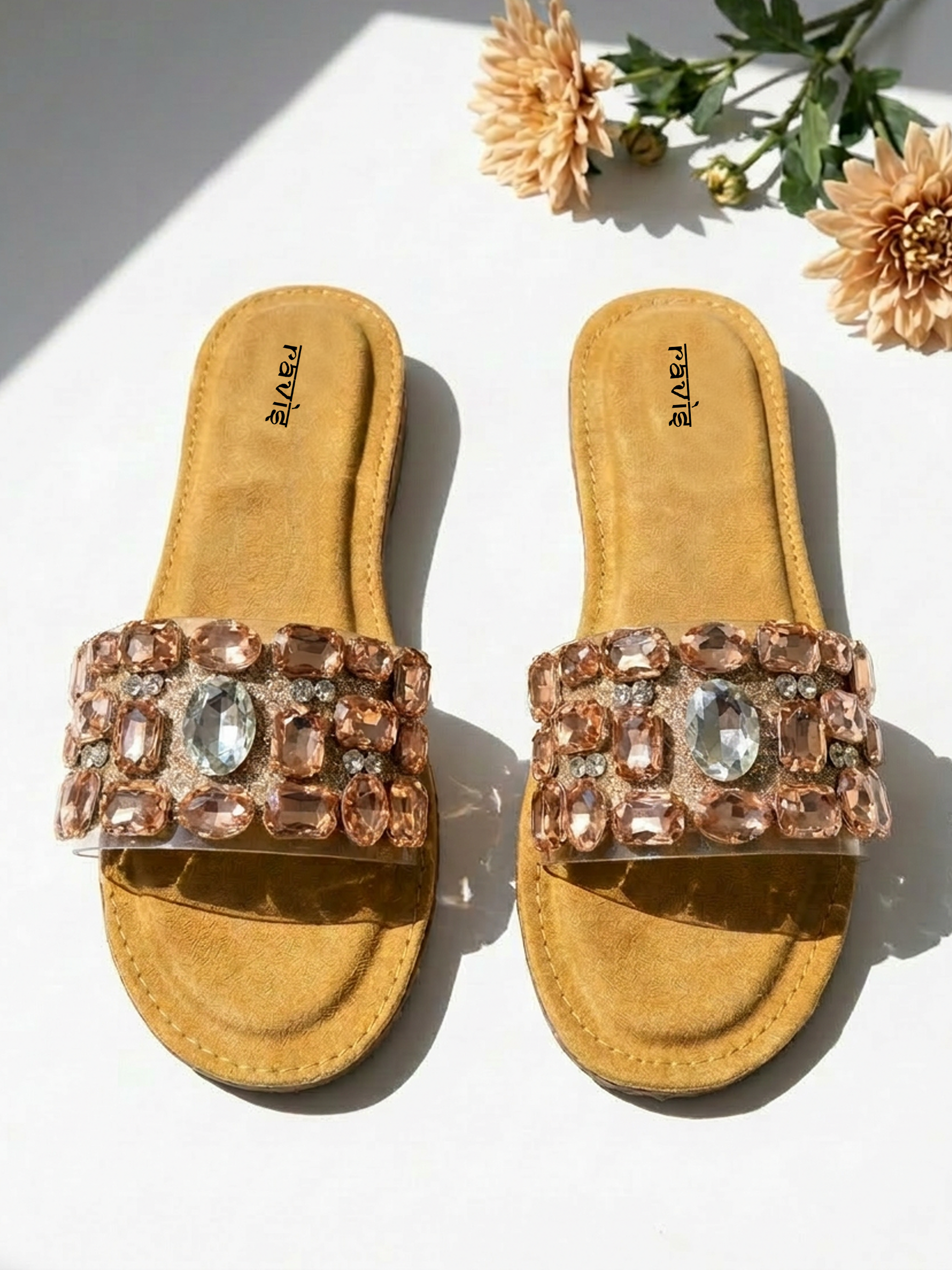 Peach Transparent Strap Flats for Women Top Angle Ravis Footwear