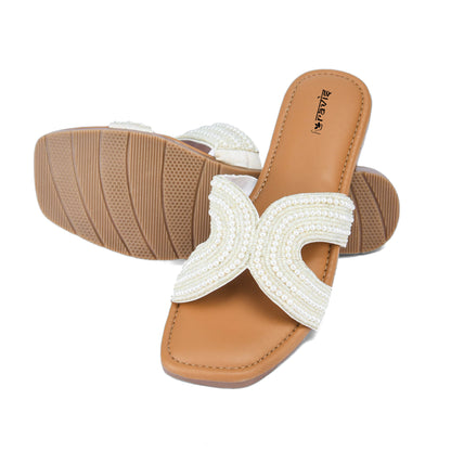 RAVIS White Sheshell Moti Embellished Flat Slippers