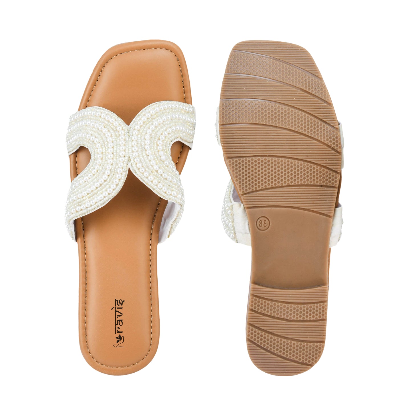 RAVIS White Sheshell Moti Embellished Flat Slippers