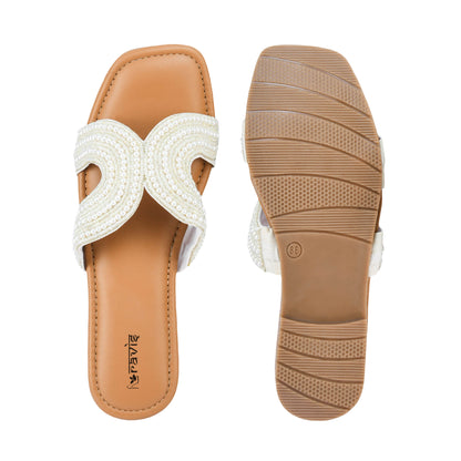 RAVIS White Sheshell Moti Embellished Flat Slippers