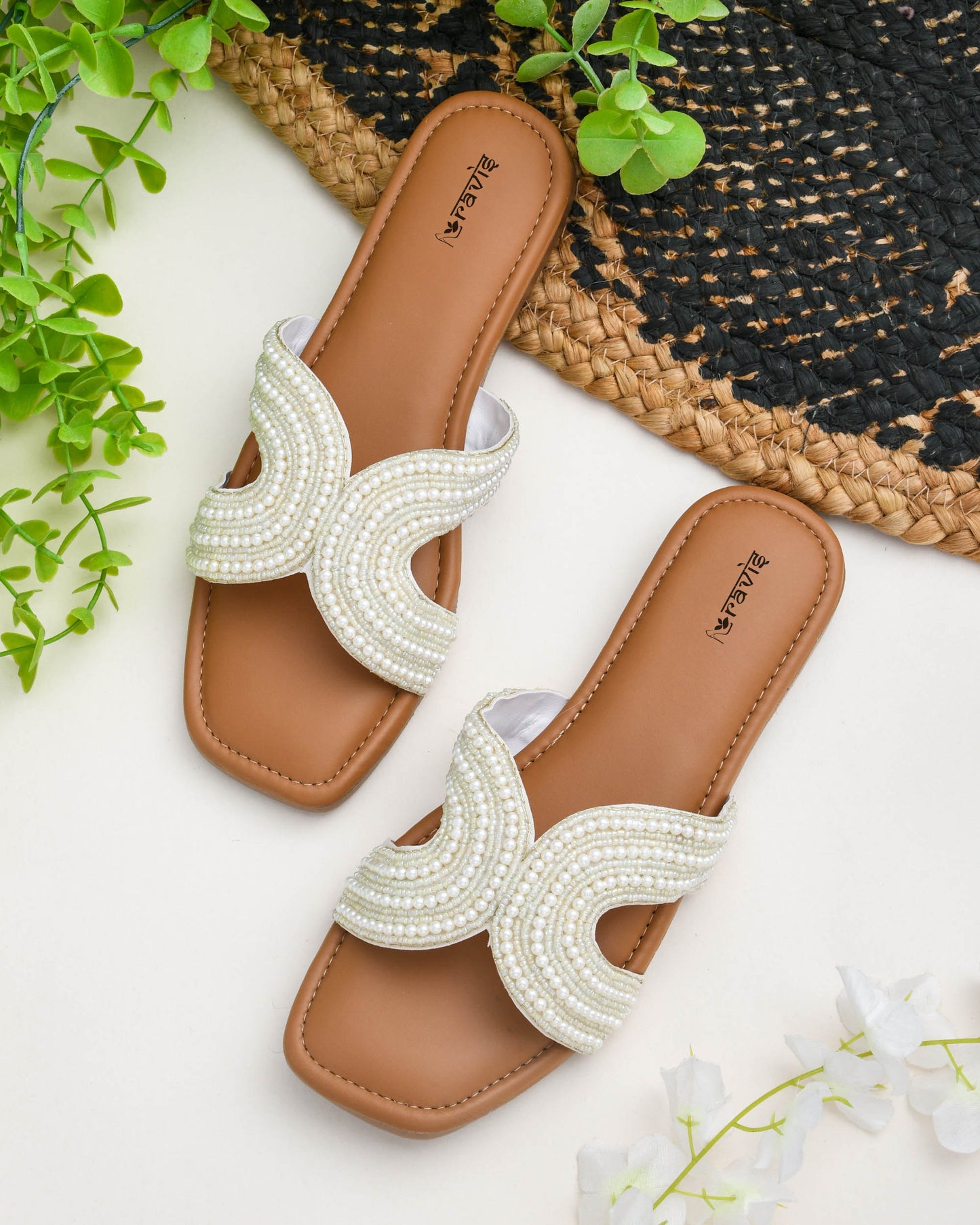 RAVIS White Sheshell Moti Embellished Flat Slippers