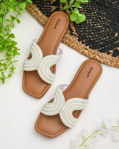 RAVIS White Sheshell Moti Embellished Flat Slippers