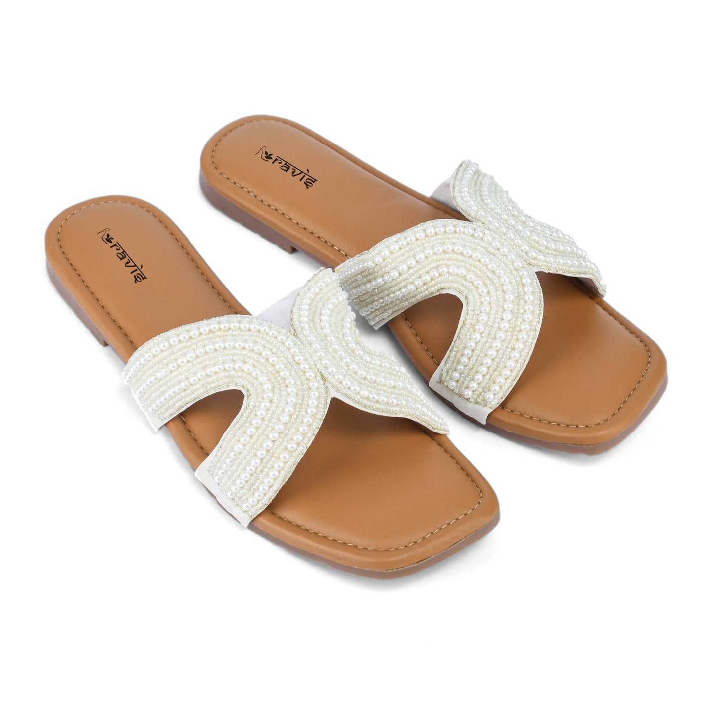 RAVIS White Sheshell Moti Embellished Flat Slippers