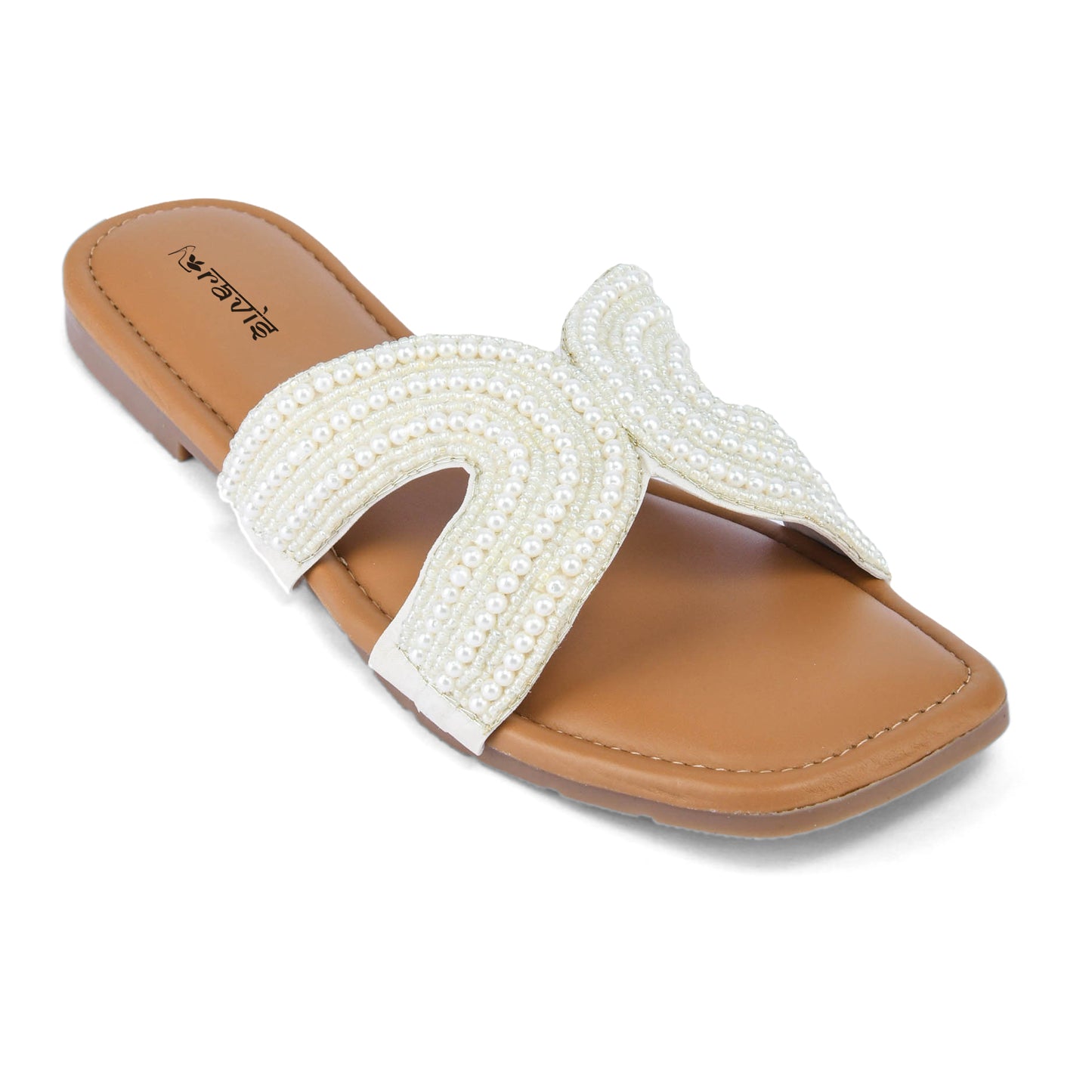 RAVIS White Sheshell Moti Embellished Flat Slippers
