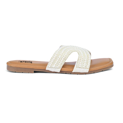 RAVIS White Sheshell Moti Embellished Flat Slippers