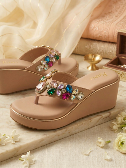 luxury stone studded wedge sandals women toe ring platform heels premium ethnic footwear RAVIS
