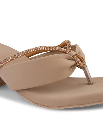 Beige Ravis V Shape Chain Block Heels for Women Chain Detail Ravis Footwear