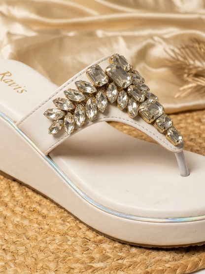White Royal Spark Embellished Wedges for Women Close Up Detail Ravis Footwear