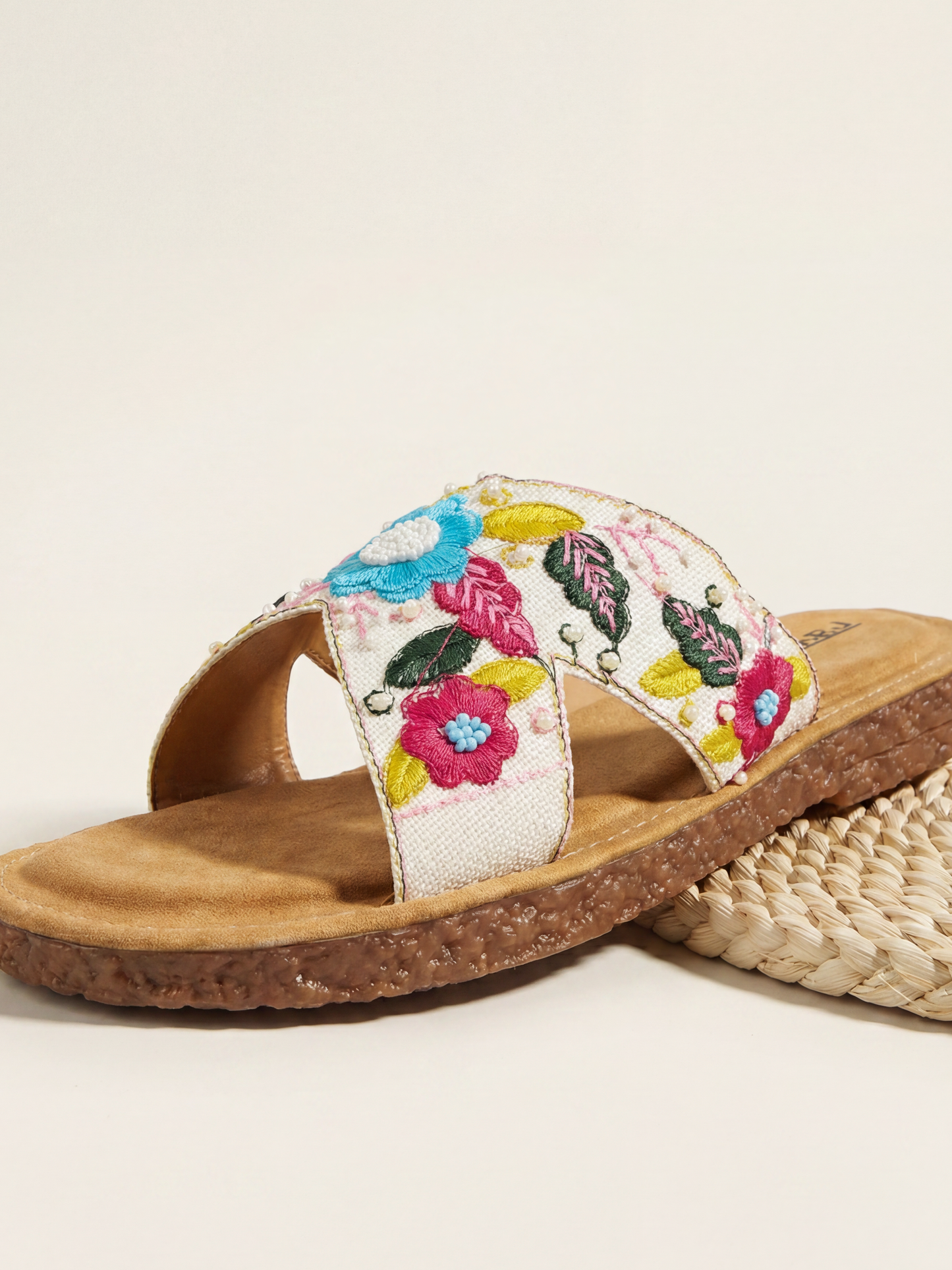 White H Embroidery Slipper for Women Close Up Detail Ravis Footwear