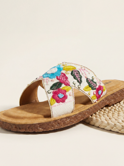 White H Embroidery Slipper for Women Close Up Detail Ravis Footwear