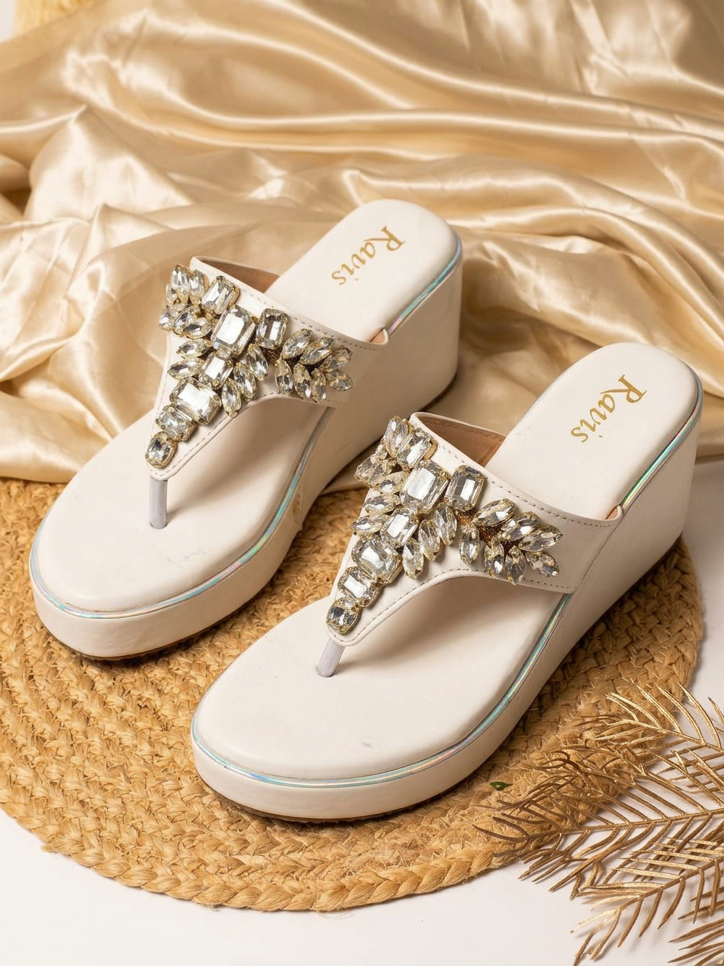 White Royal Spark Embellished Wedges for Women Top Angle Ravis Footwear