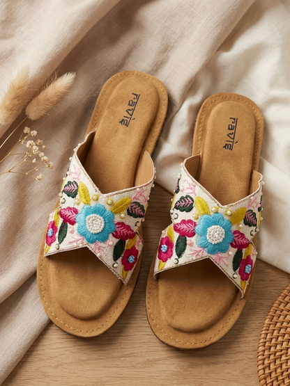 White H Embroidery Slipper for Women Top Angle Ravis Footwear