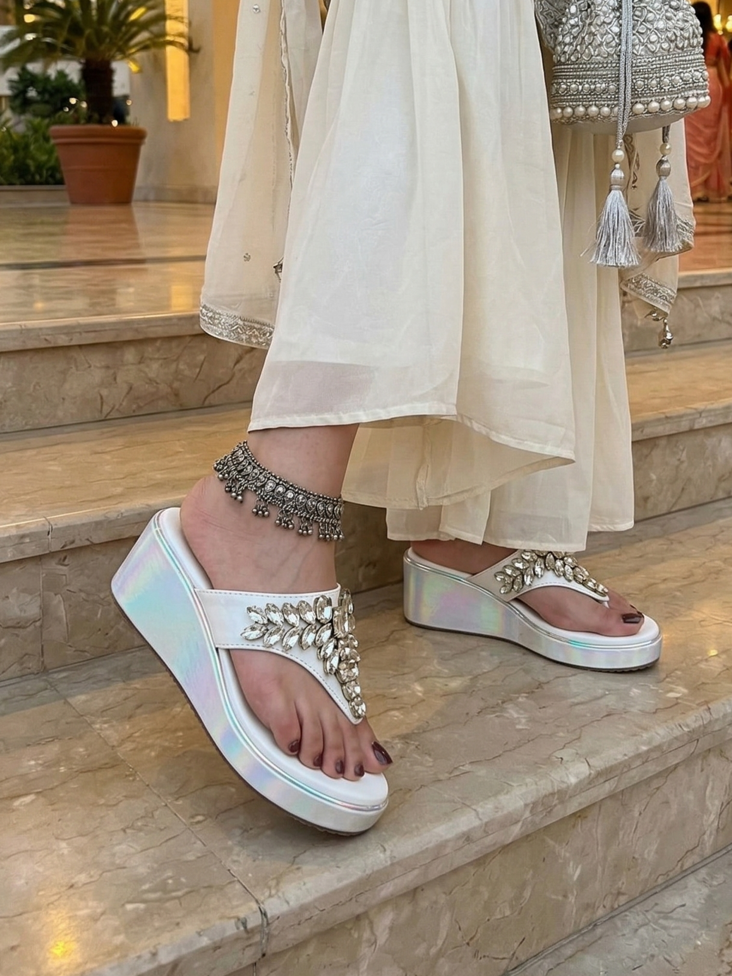 White Royal Spark Embellished Wedges for Women Lifestyle Shot Ravis Footwear