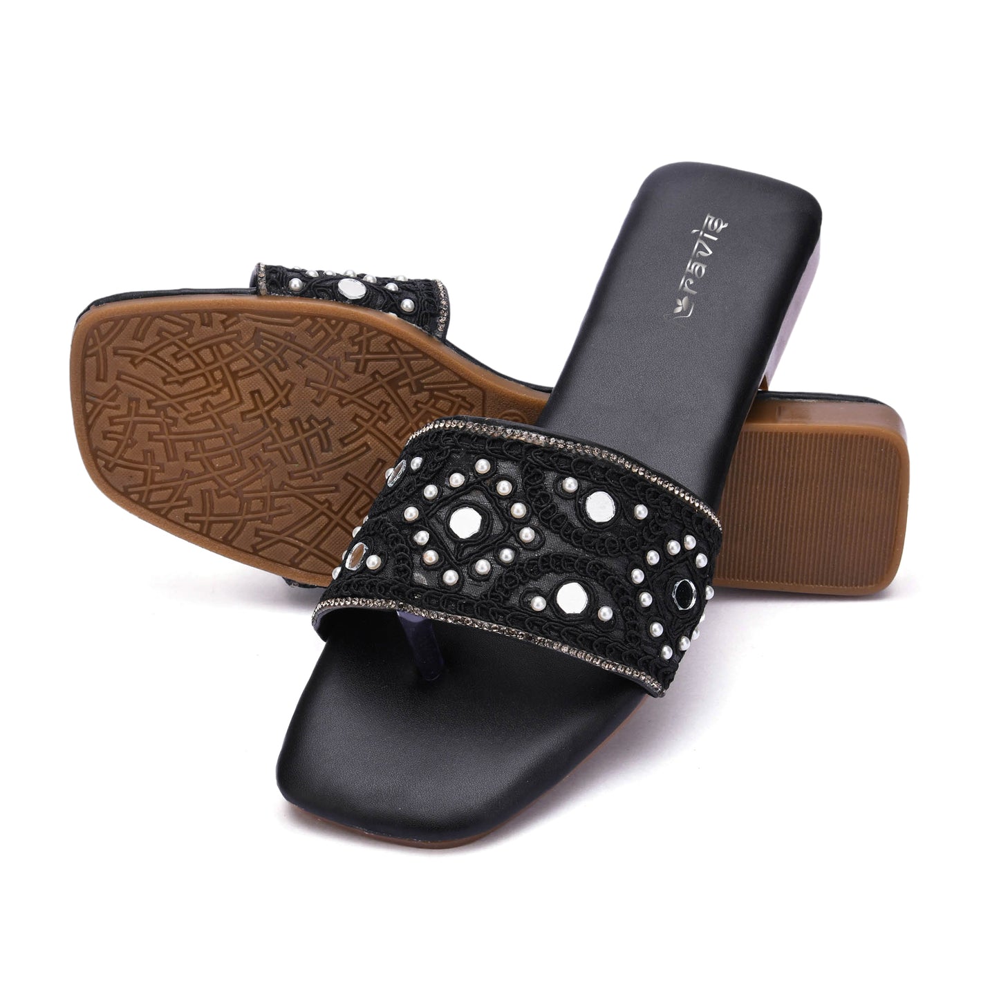 RAVIS NoirBead Black Beaded Ethnic Flats for Women