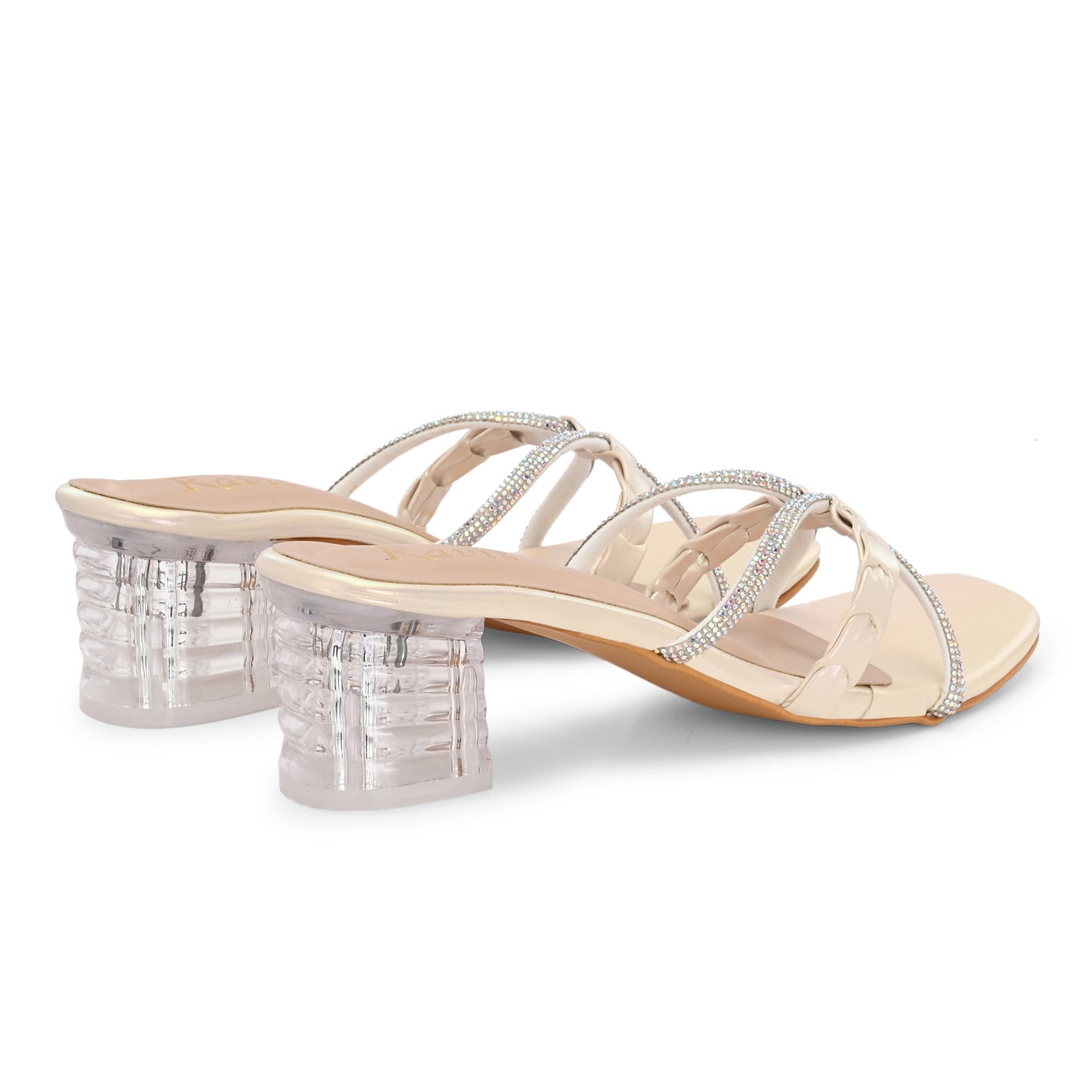 Ravis Criss-Cross Transparent Heels – Party Wear Block Slip-Ons for Women