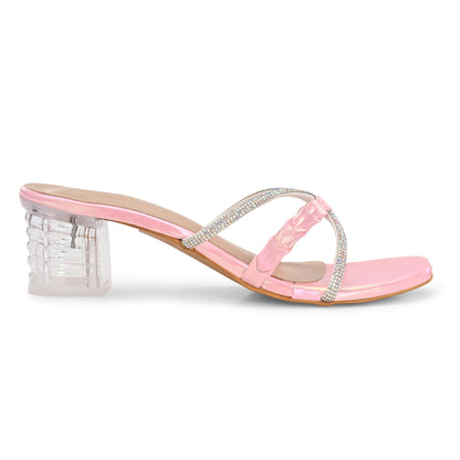 Ravis Criss-Cross Transparent Heels – Party Wear Block Slip-Ons for Women