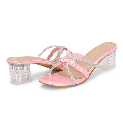Ravis Criss-Cross Transparent Heels – Party Wear Block Slip-Ons for Women