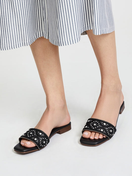 RAVIS NoirBead Black Beaded Ethnic Flats for Women