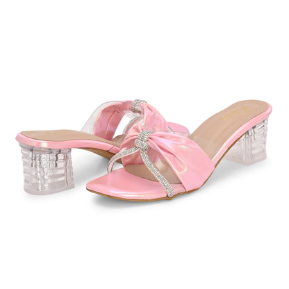 Ravis Bow Design Transparent Heels – Stylish Party Wear Slip-Ons for Women