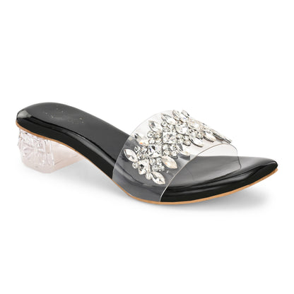 Ravis Crystal Transparent Block Heels – Stylish Slip-On Sandals for Women