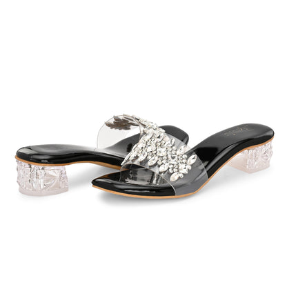 Ravis Crystal Transparent Block Heels – Stylish Slip-On Sandals for Women