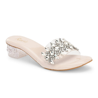 Ravis Crystal Transparent Block Heels – Stylish Slip-On Sandals for Women